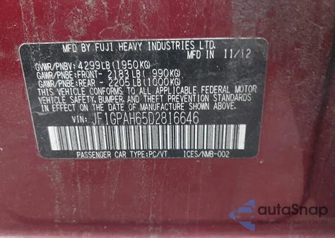 2013 Subaru Impreza 2.0I Limited z USA, uszkodzony, nr VIN JF1GPAH65D2816646